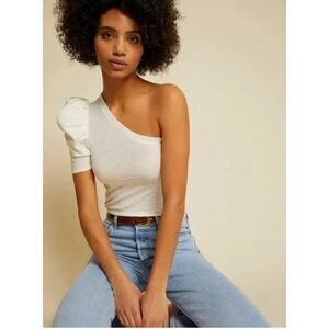 Nation LTD Raina One Shoulder Top Cream S Pima Cotton Puff Sleeve Luxury Preppy